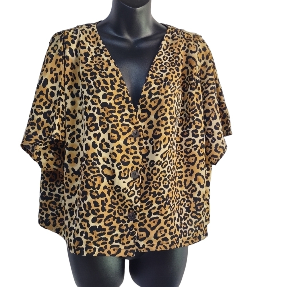 Code & Mode Women's Black Brown Animal Print Cropped Top Blouse Size L